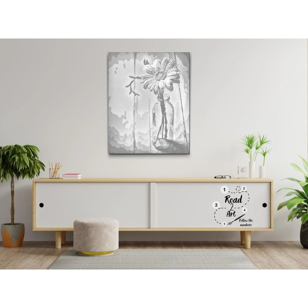 Punktmalerei Leinwand – minimalistische Blüte im Glas, rustikaler Loo