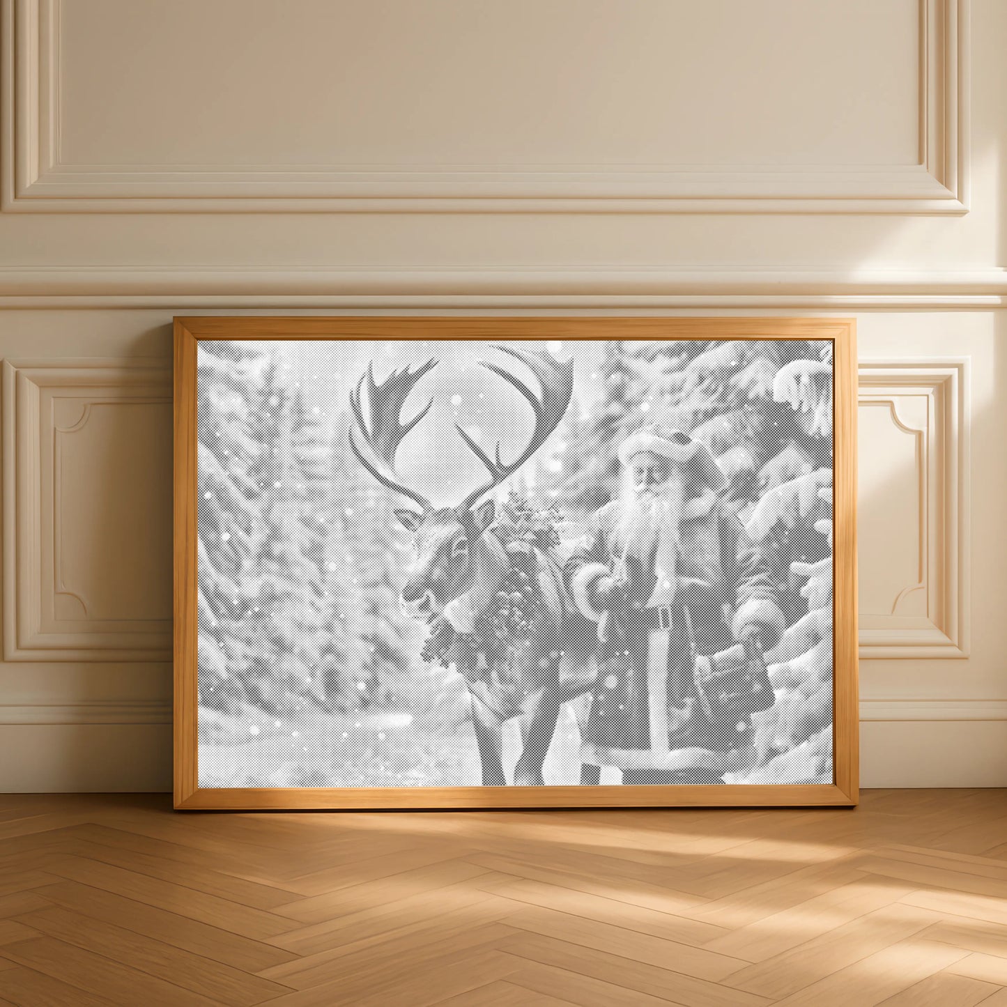Kerstman met Rendieren in een Sneeuwbos | Stippelschilderij Kit