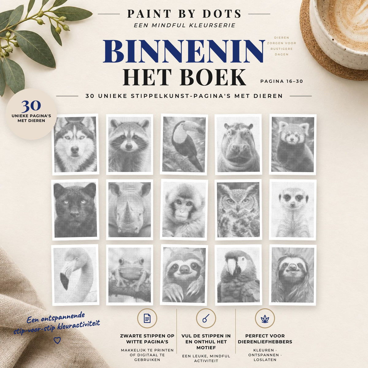 Voorbeelden van printbare Dierenportretten stippelschilderijen, pagina's 16 tot 30