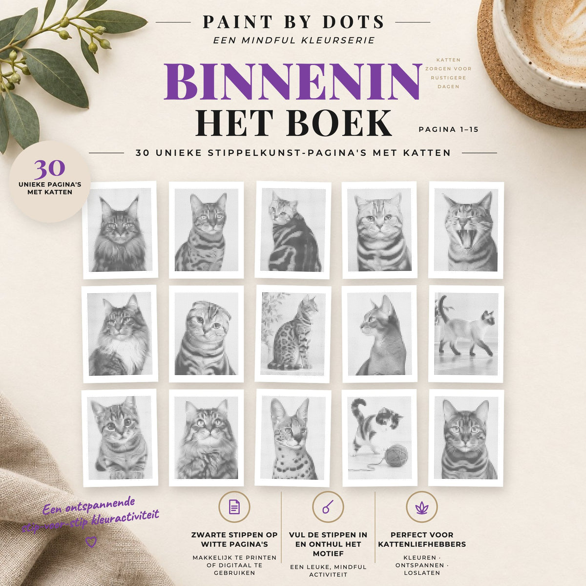 Voorbeelden van printbare Kattenportretten stippelschilderijen, pagina's 1 tot 15