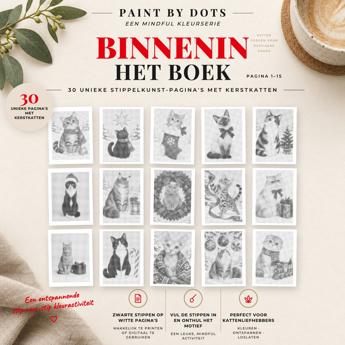 Voorbeelden van printbare Kerstkatten stippelschilderijen, pagina's 1 tot 15
