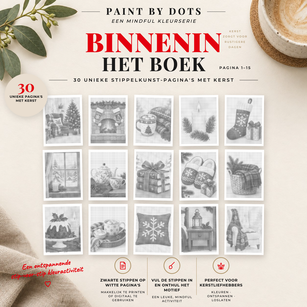 Voorbeelden van printbare Cosy Christmas stippelschilderijen, pagina's 1 tot 15