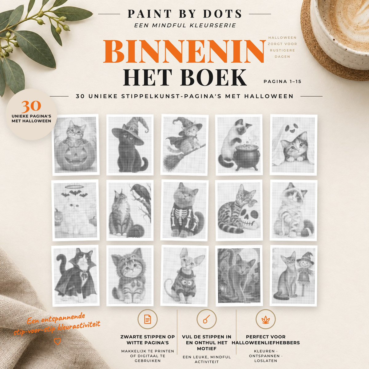 Voorbeelden van printbare stippelschilderijen met halloweenkatten, pagina’s 1–15