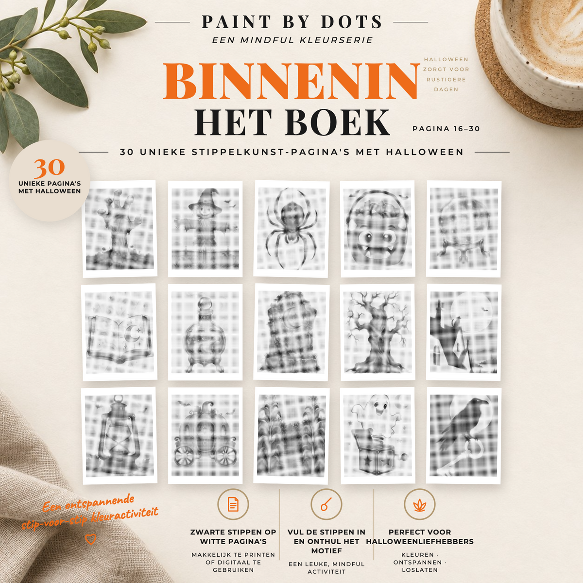 Halloween stippen schilderen – overzicht van printbare ontwerpen 16–30