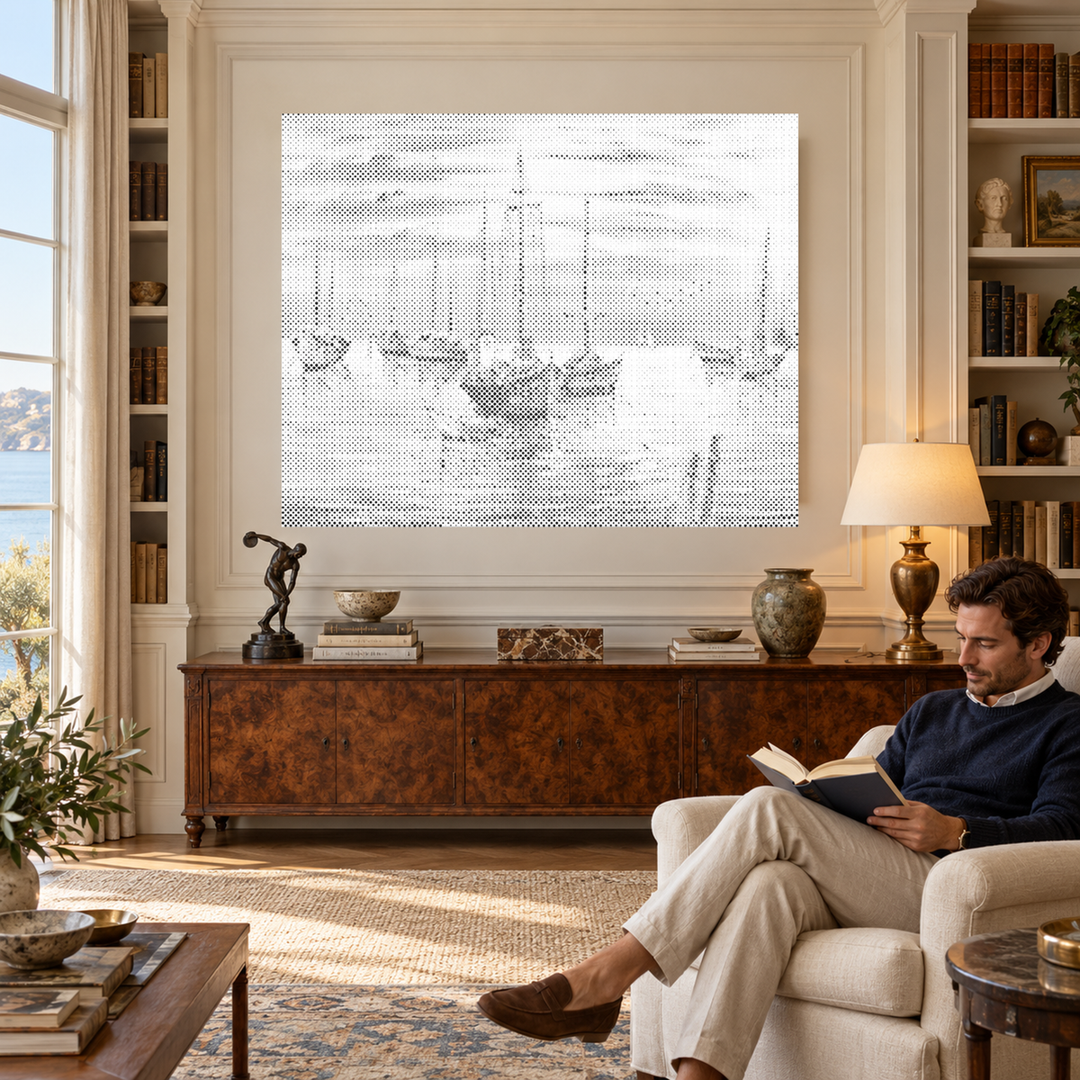 Droomhaven als stippenschilderij in een luxe bibliotheek met wandpanelen, met een man die dichtbij een boek leest.