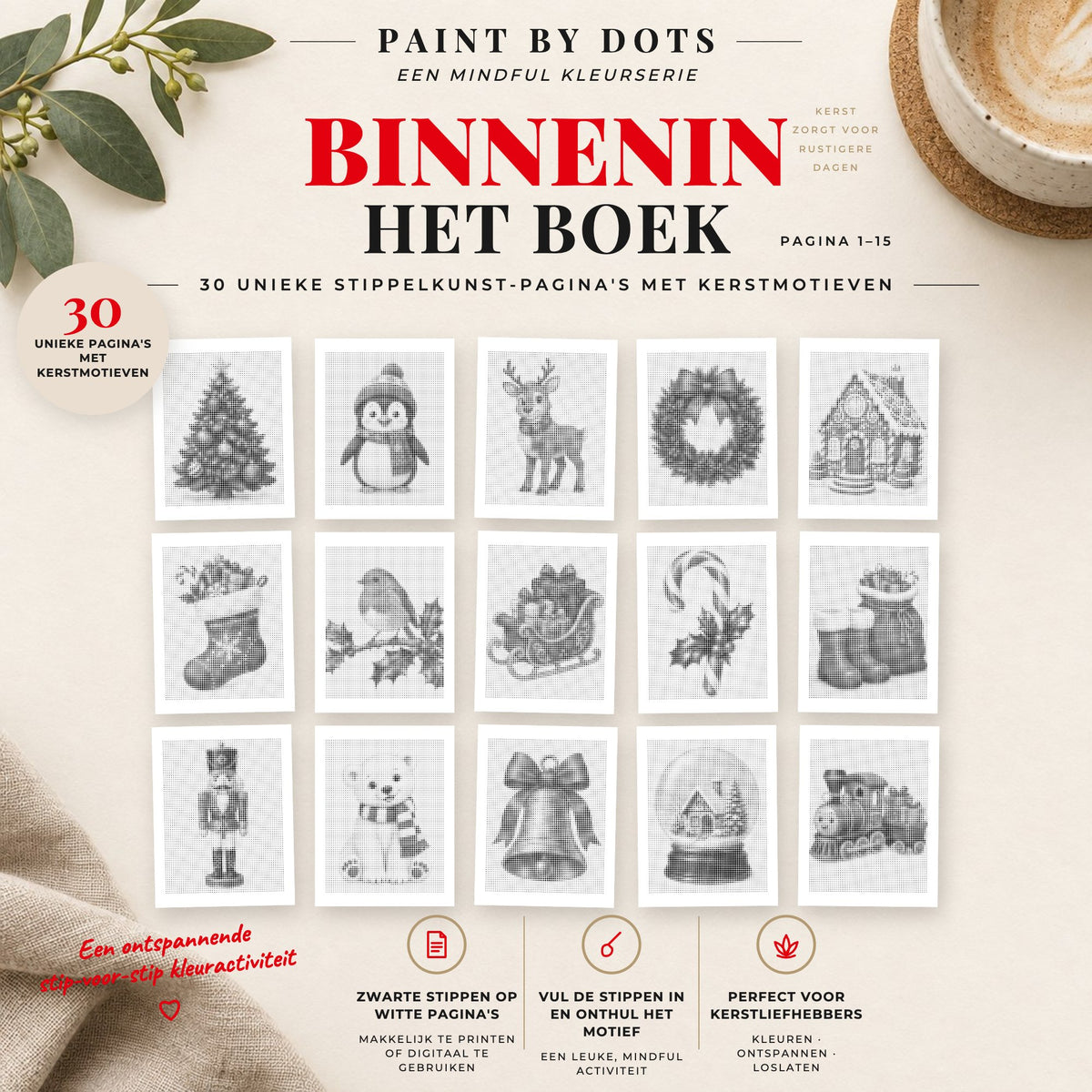 Voorbeelden van printbare Makkelijke kerst stippelschilderijen, pagina's 1 tot 15