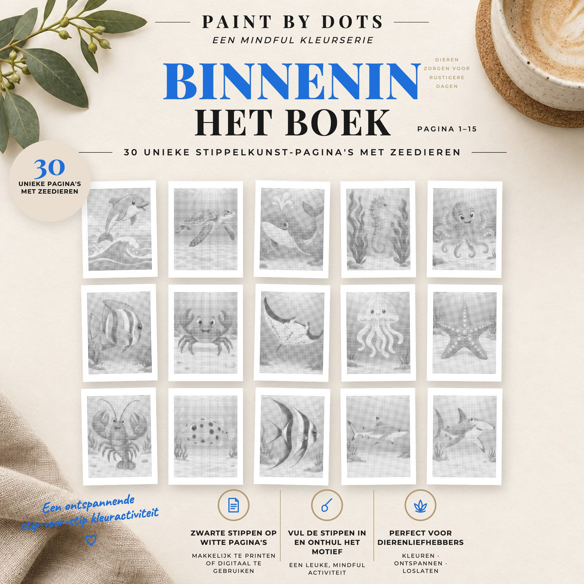 Voorbeelden van printbare Zeedieren stippelschilderijen, pagina's 1 tot 15
