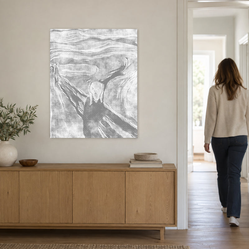 Stippenschilderij “Edvard Munch De Schreeuw”, aan een lichte muur, met iemand die door de deur ernaast loopt.