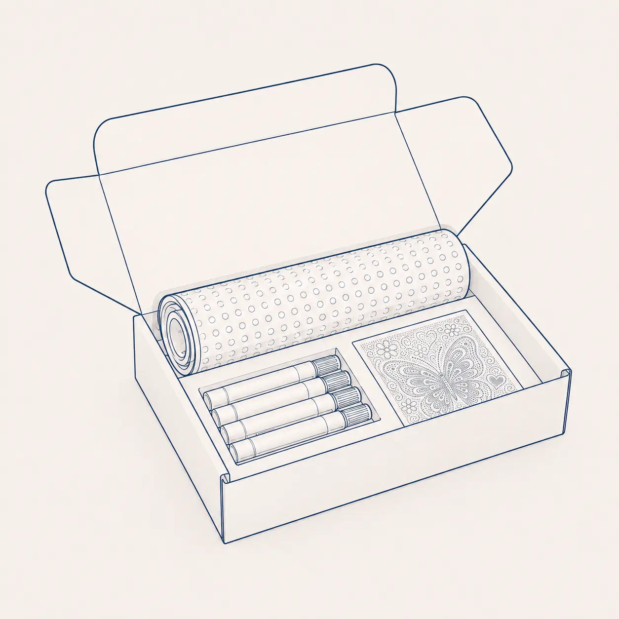 Een open Paint By Dots doos met een opgerold stippencanvas, dot-stiften en een gedrukte preview