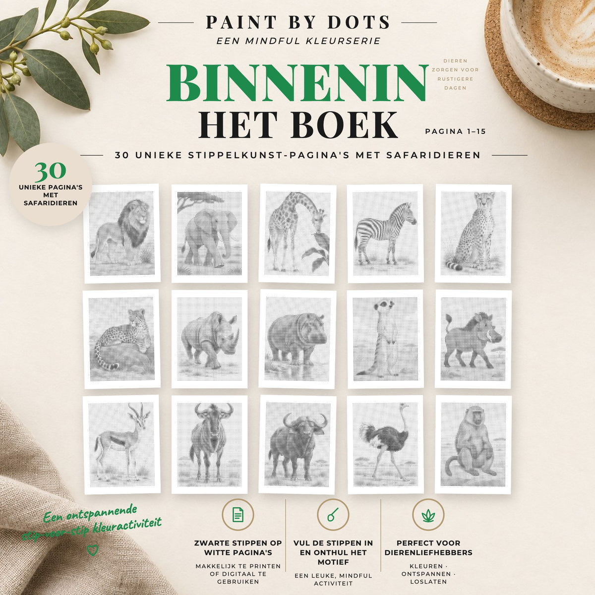 Voorbeelden van printbare Safaridieren stippelschilderijen, pagina's 1 tot 15