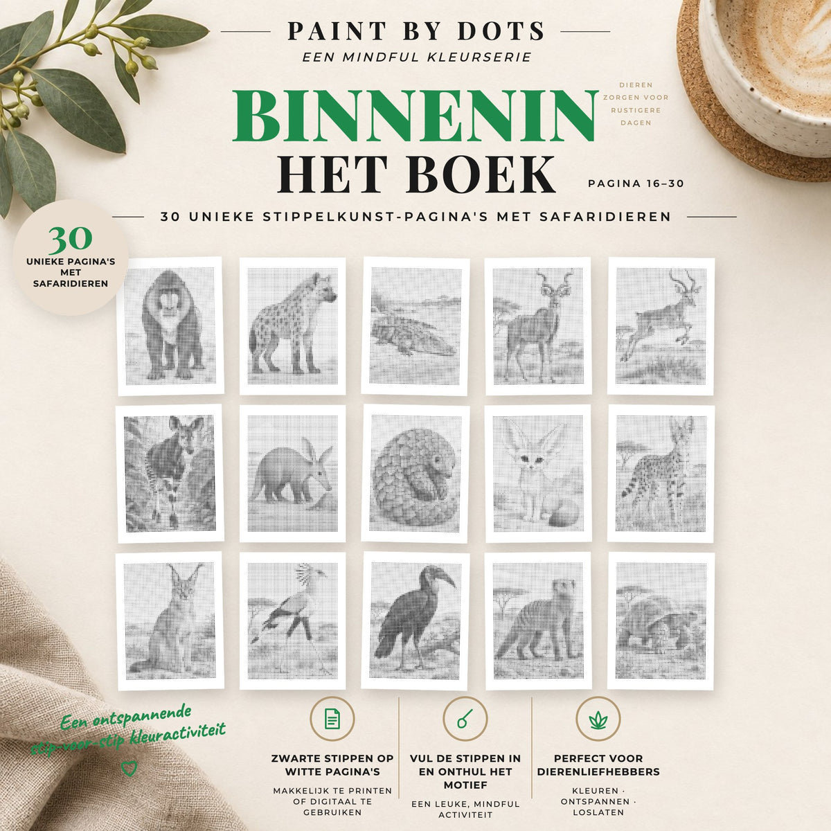 Voorbeelden van printbare Safaridieren stippelschilderijen, pagina's 16 tot 30