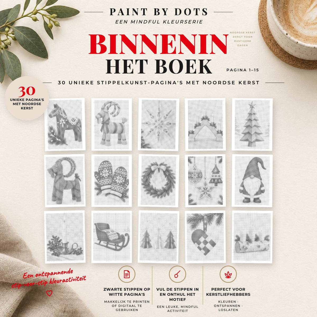 Voorbeelden van printbare Scandinavische kerst stippelschilderijen, pagina's 1 tot 15