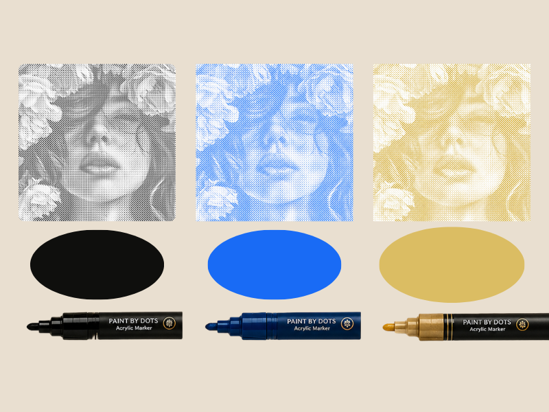 Nieuwe dot painting kleuren: goud, zwart en blauw