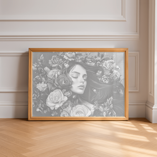 Woman in a Sea of Flowers Dot Painting Kit in a beautiful home 
