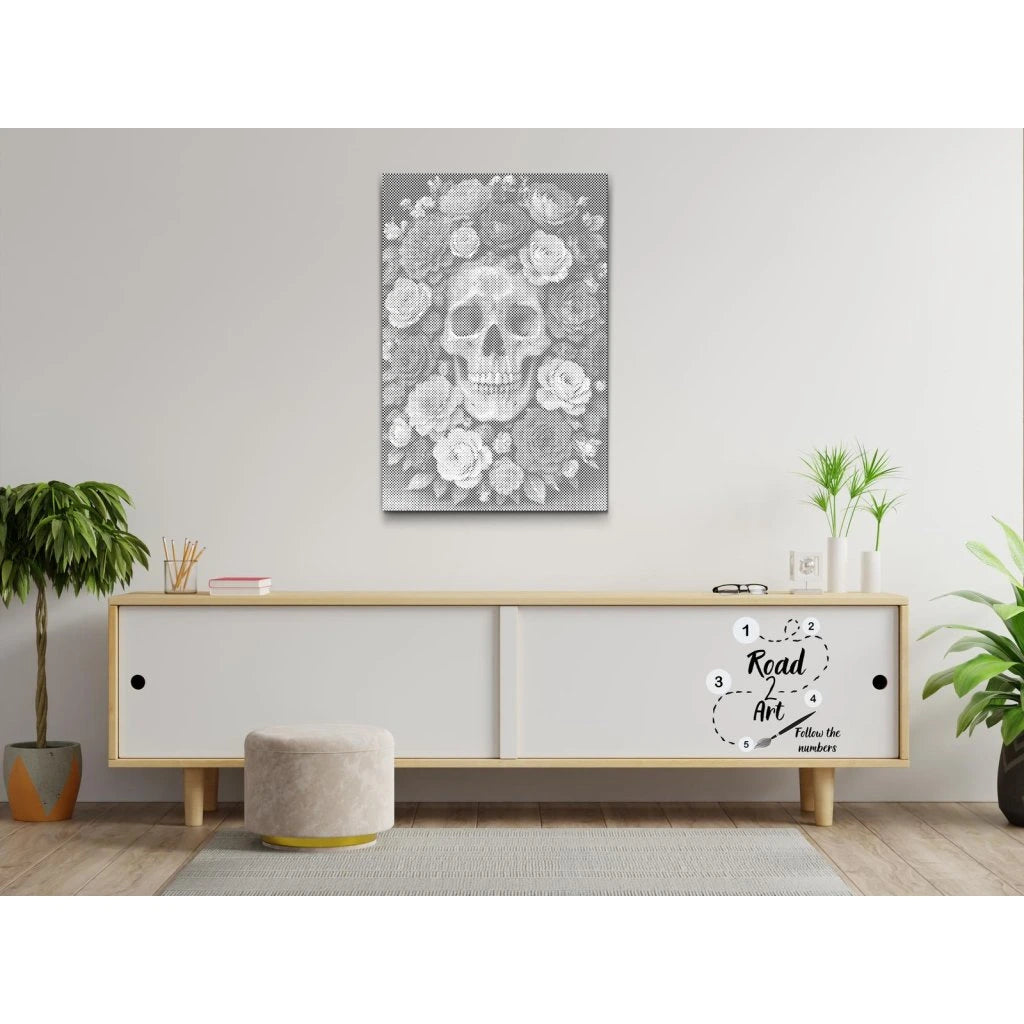 Doodshoofd in een Zee van Rozen | Dot Painting Kit als afgewerkt stippelschilderij kunstwerk