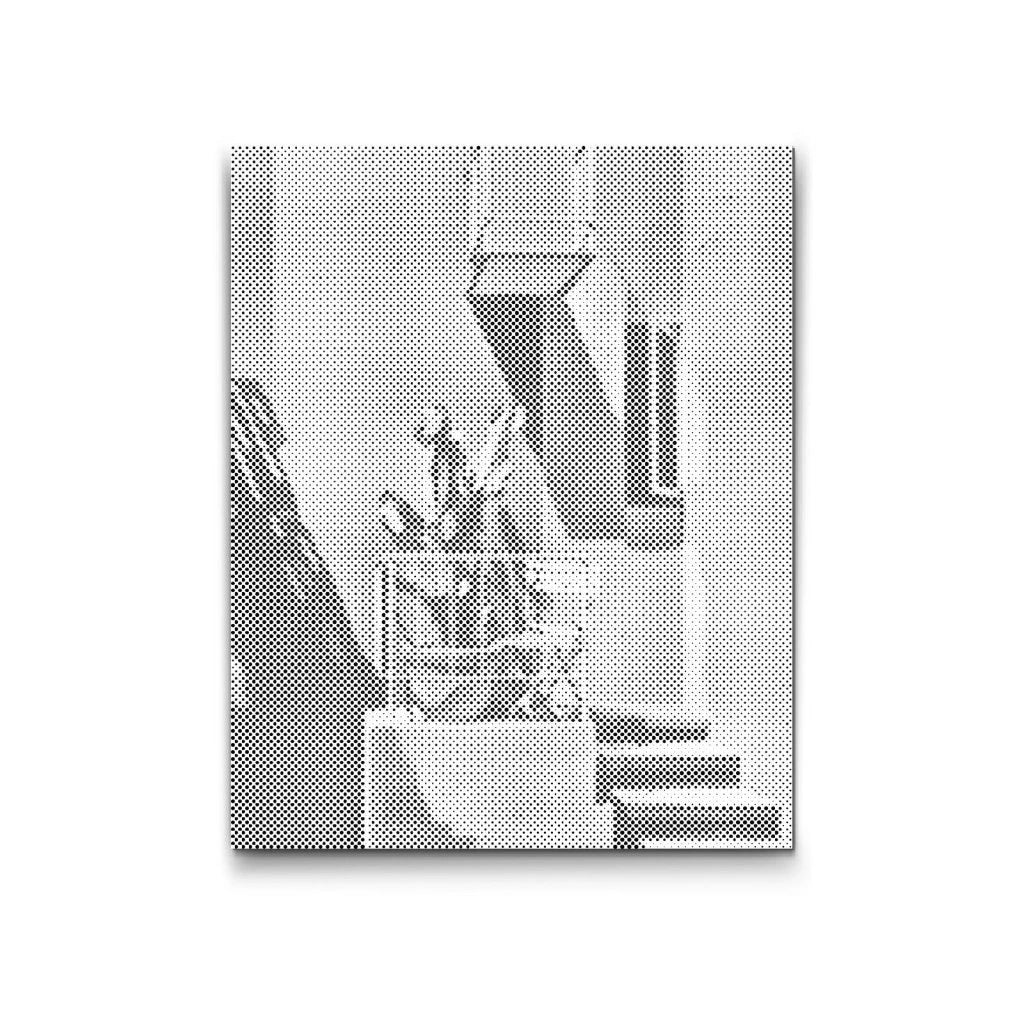 Dot Painting Architektur: sonniger Balkon mit Treppe und Pflanze