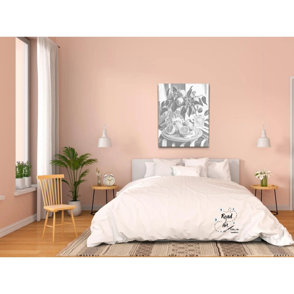 Dot Painting Stillleben mit Orangen, Blättern und Glas