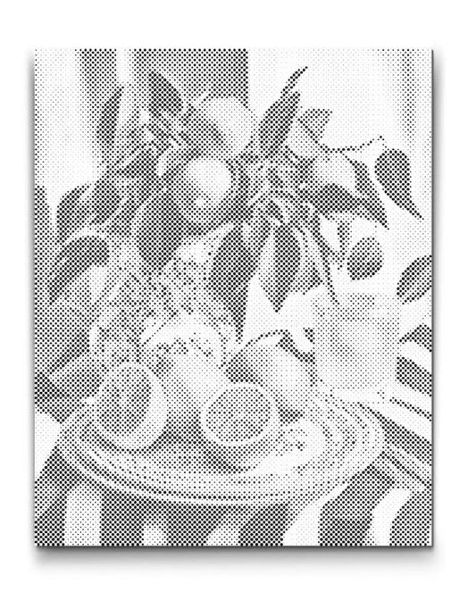 Zitrus-Arrangement auf Teller – Punktmalerei Leinwand