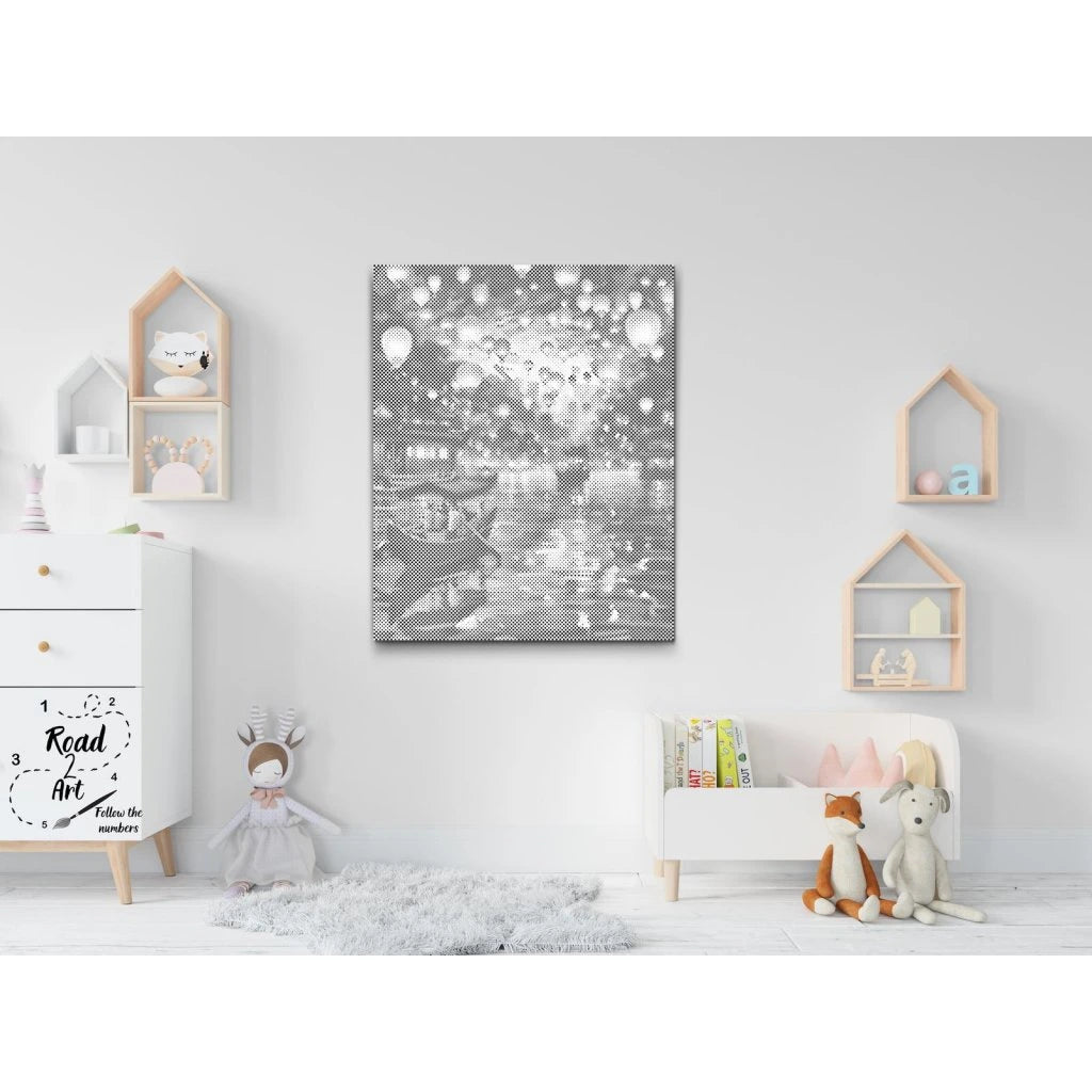 Punktmalerei Leinwand: reflektierende Straße mit Stadtlichtern bei Nacht