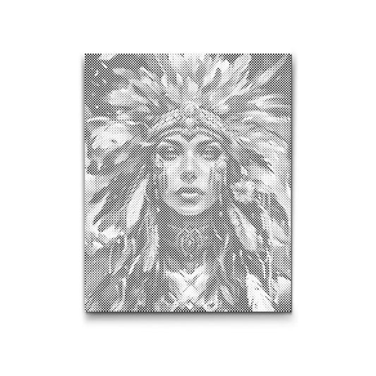 Dot Painting Porträt einer Frau mit Federkrone – Frontansicht