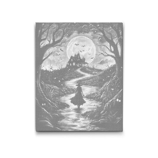 Dot Painting: Waldpfad zum Spukhaus bei Vollmond und Fledermäusen