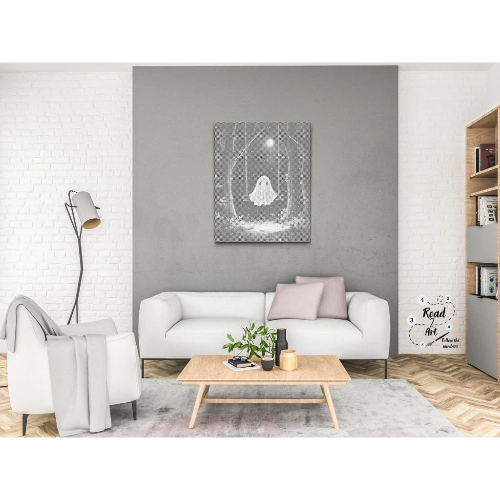 Punktmalerei Leinwand – Geistermotiv mit Mondlicht und Lichterkranz