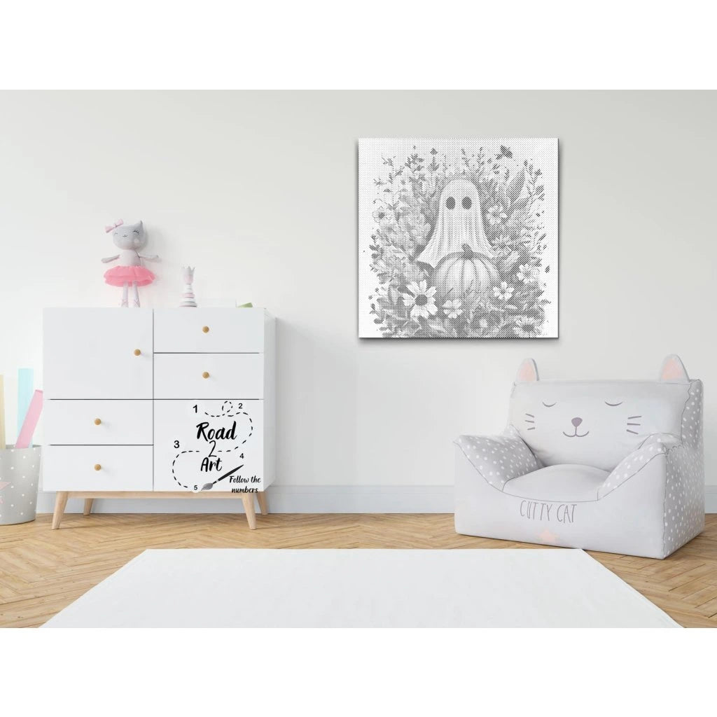 Spook met Pompoen en Bloemen Halloween | Stiptekening Kit als afgewerkt stippelschilderij kunstwerk