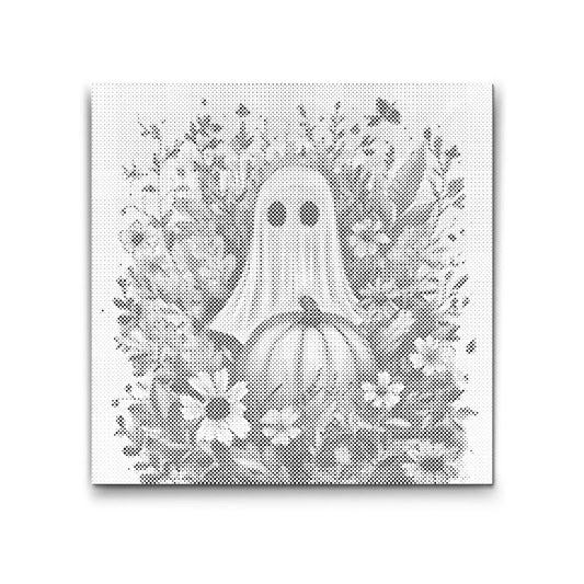 Dot Painting: kleines Geistchen mit Kürbis im Blumenkranz