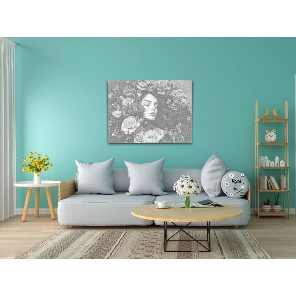 Punktmalerei Leinwand – weibliches Porträt umgeben von Rosenblüten