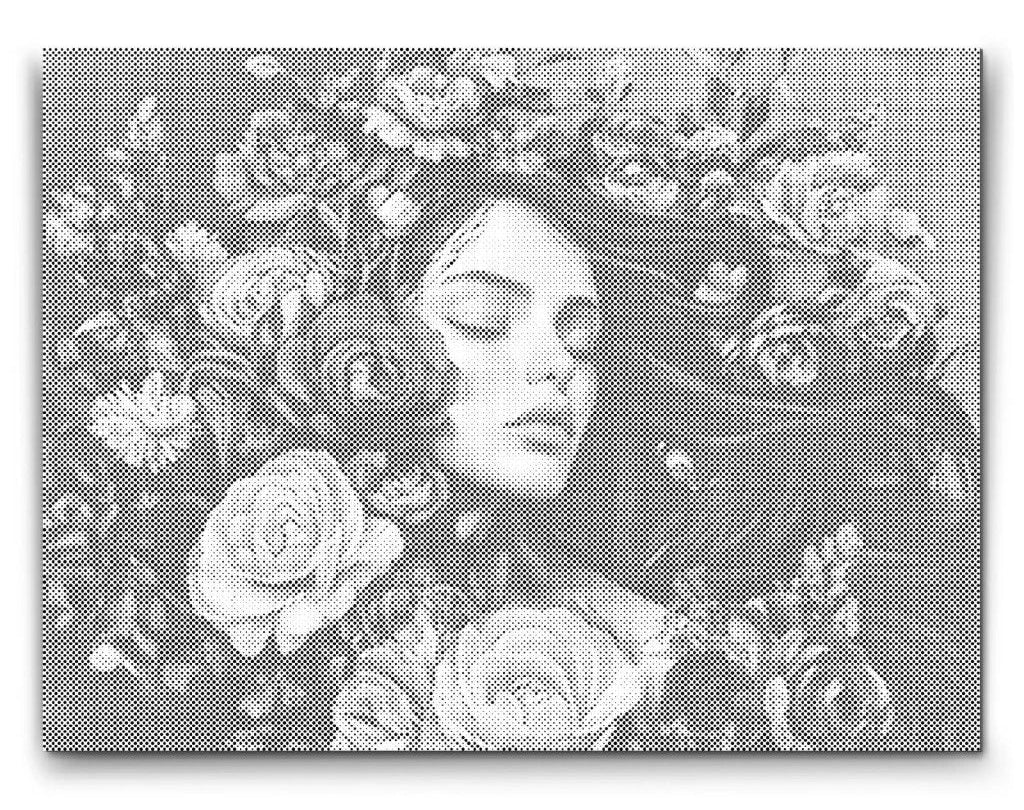 Dot Painting: Frau mit geschlossenen Augen im Rosenmeer