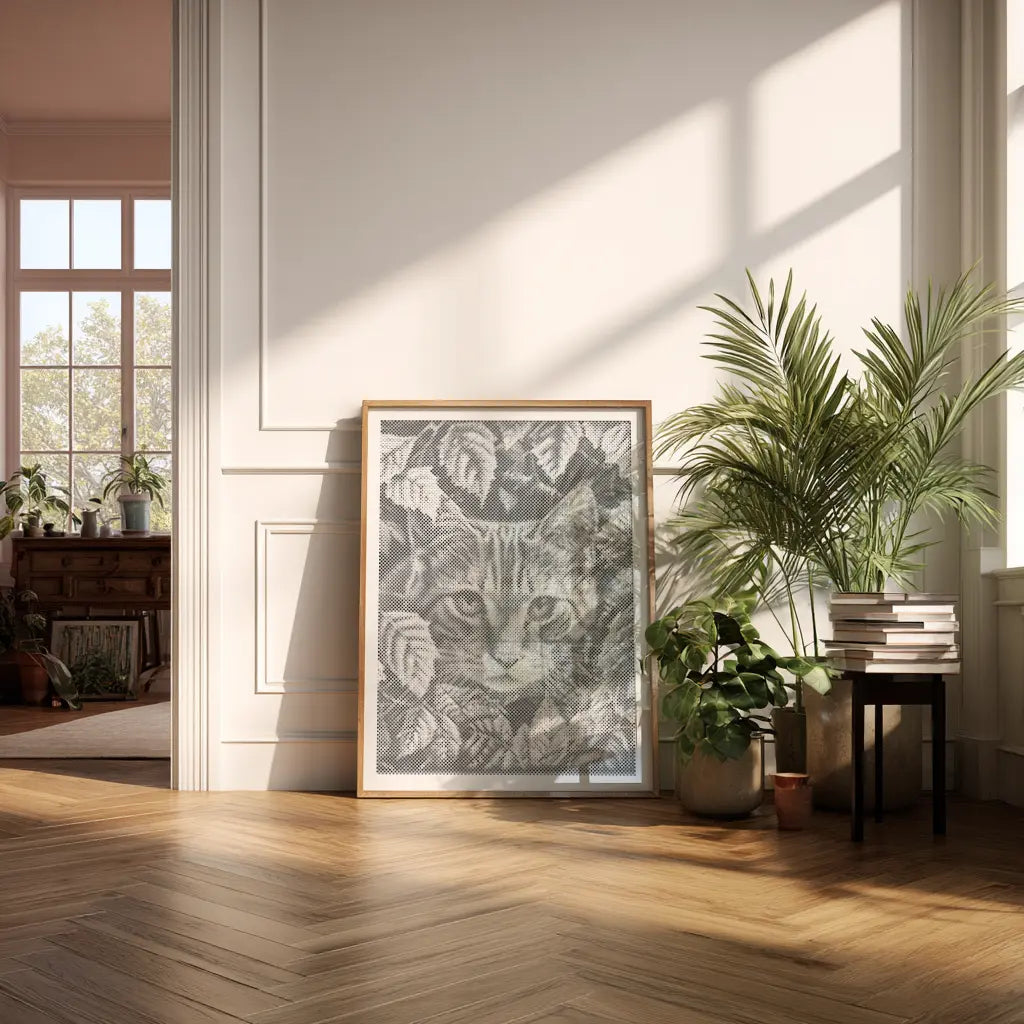 Kat spelend met bladeren | Stippelkunst Kit