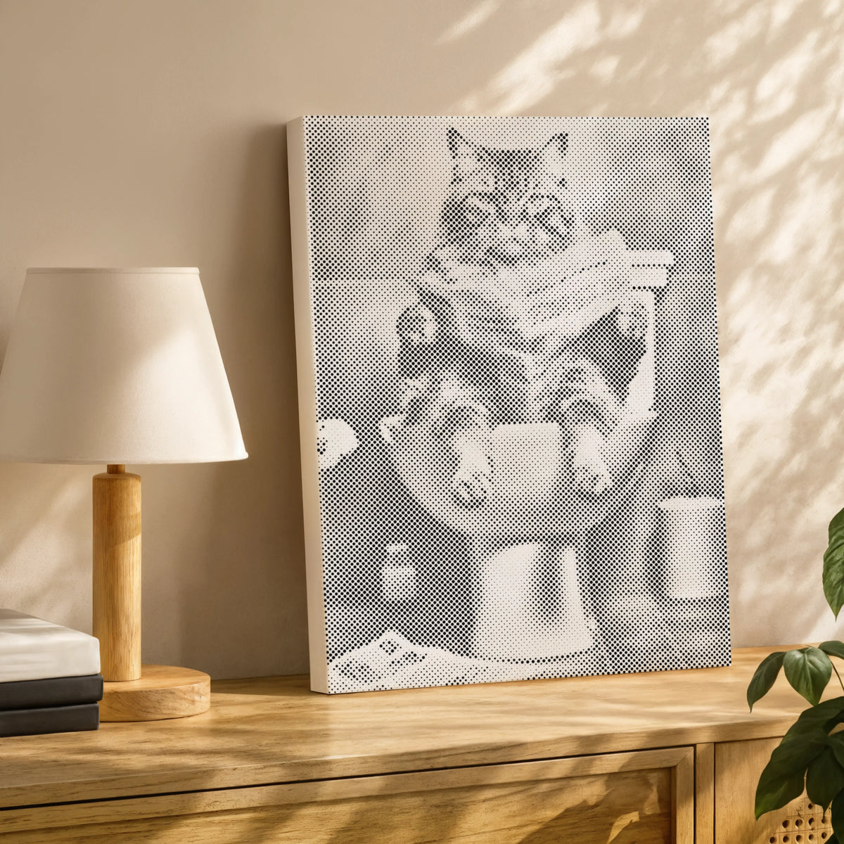 Kat op het Toilet | Stippenschilderijpakket als afgewerkt stippelschilderij kunstwerk