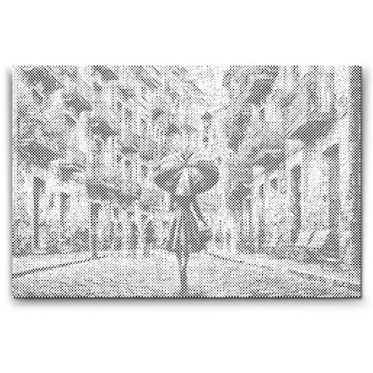 Dot Painting einer Frau mit Regenschirm in einer Stadtstraße – stilvoll und ruhig.