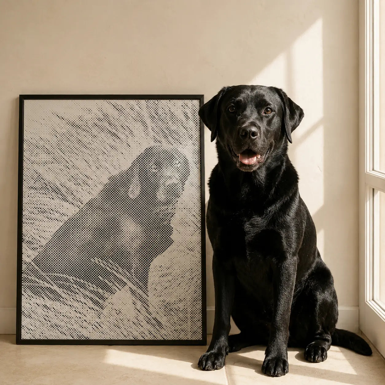 Dot painting van eigen foto met hond naast het voltooide kunstwerk