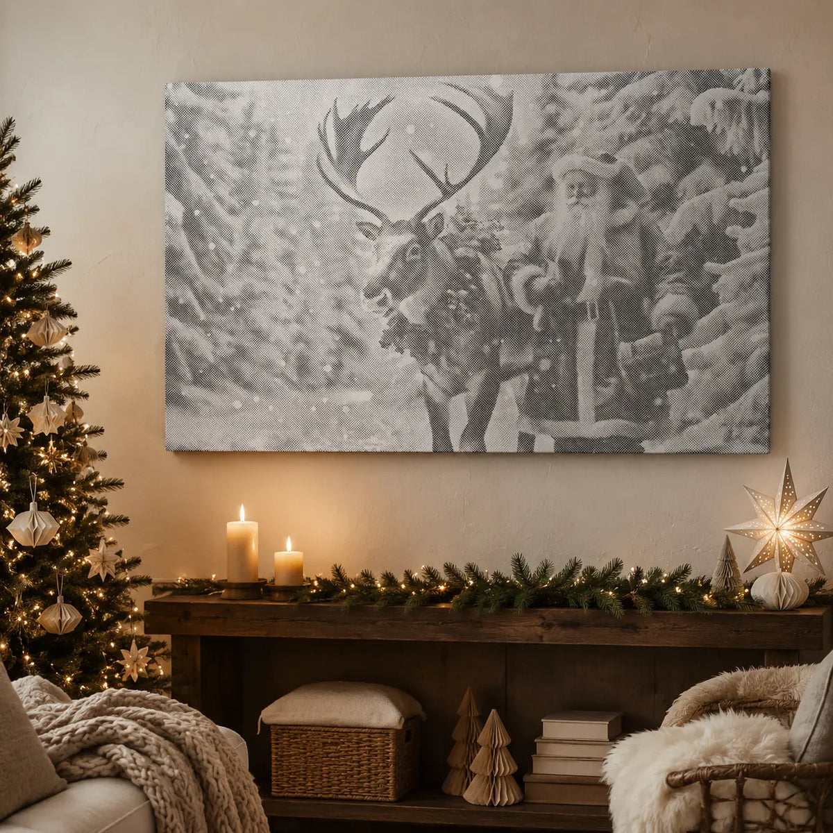 Kerstman met Rendieren in een Sneeuwbos | Stippelschilderij Kit als afgewerkt stippelschilderij kunstwerk