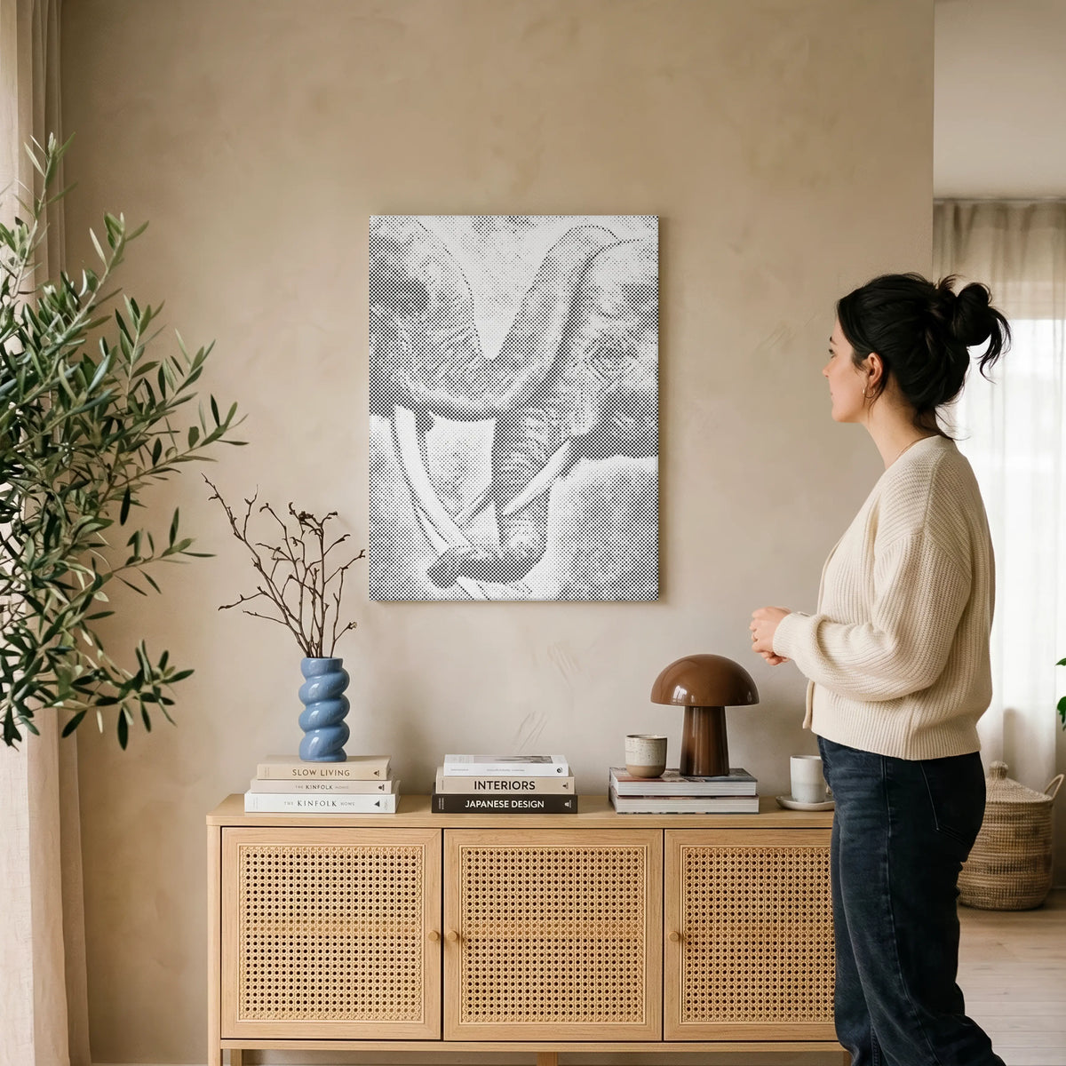 Afgewerkte dot painting als kunstwerk in een rustig interieur