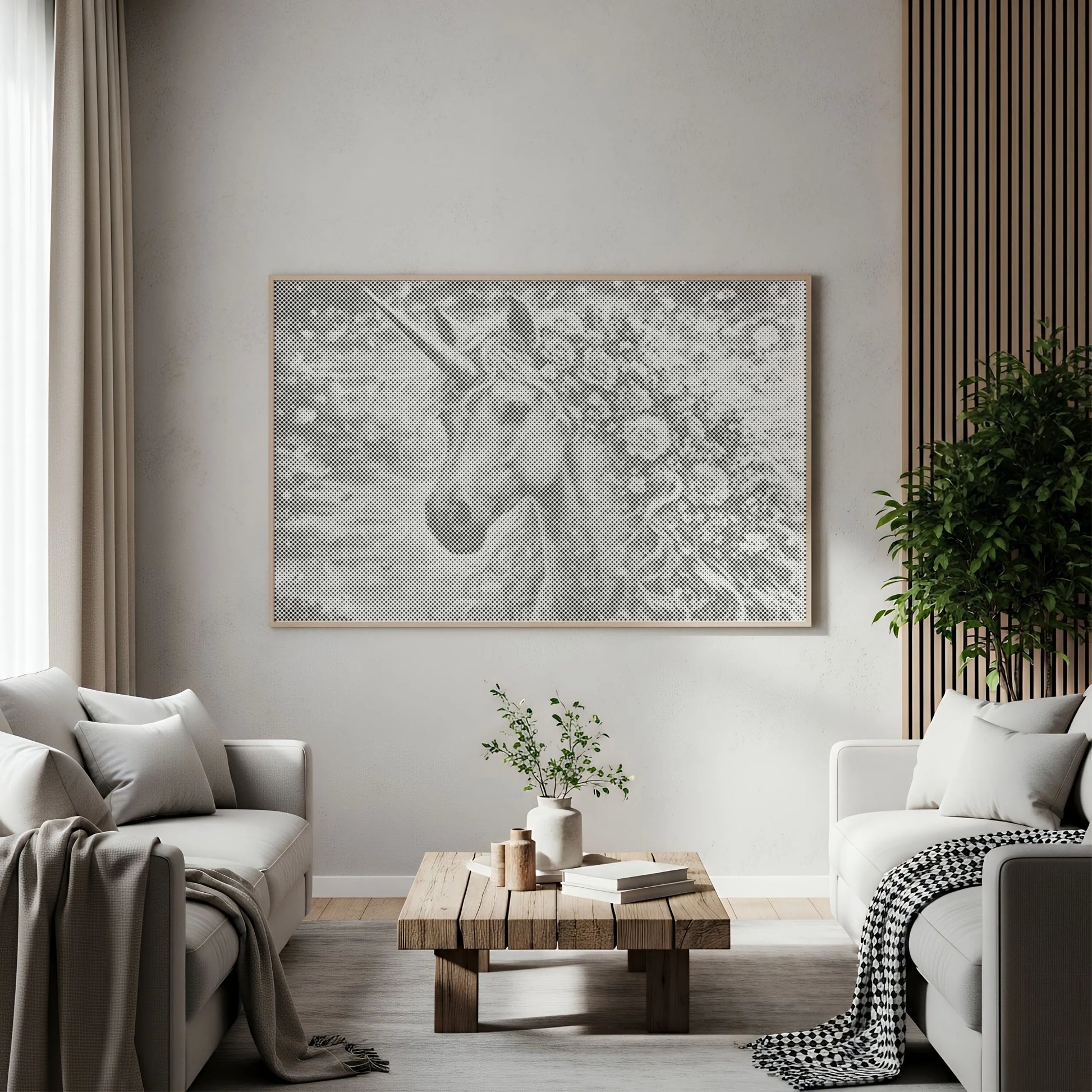 Floral Unicorn| Dot Painting Kit Living room with a unicorn artwork on the wall, two sofas, and a coffee table.