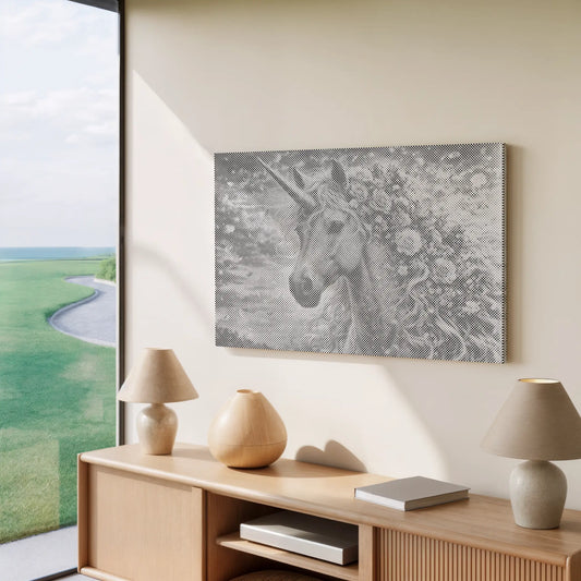 Decorative unicorn painting on a wall above a wooden console table with lamps and books. Floral Unicorn| Dot Painting Kit