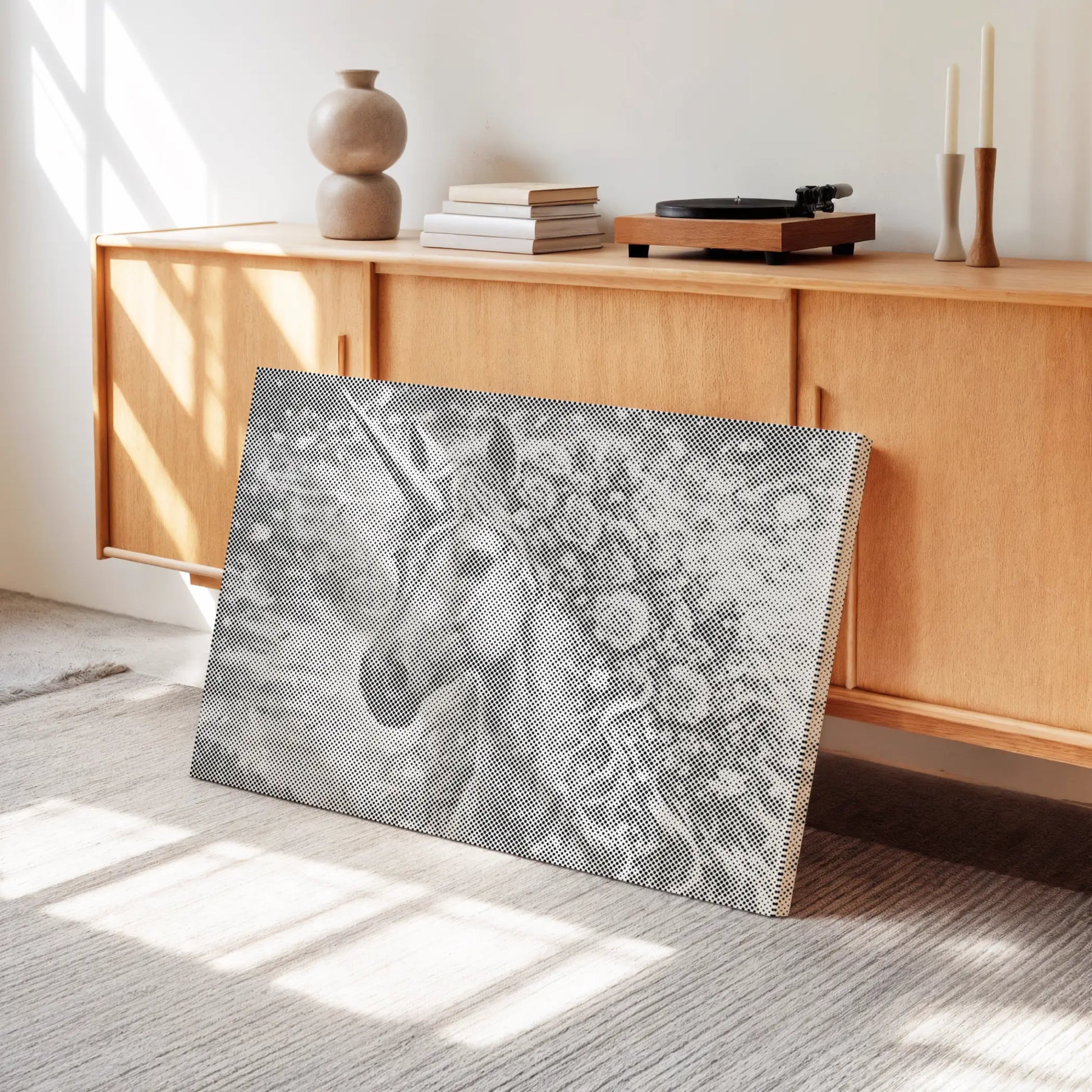 Decorative wall art with a horse design on a textured surface in a room with wooden furniture and sunlight. Floral Unicorn| Dot Painting Kit