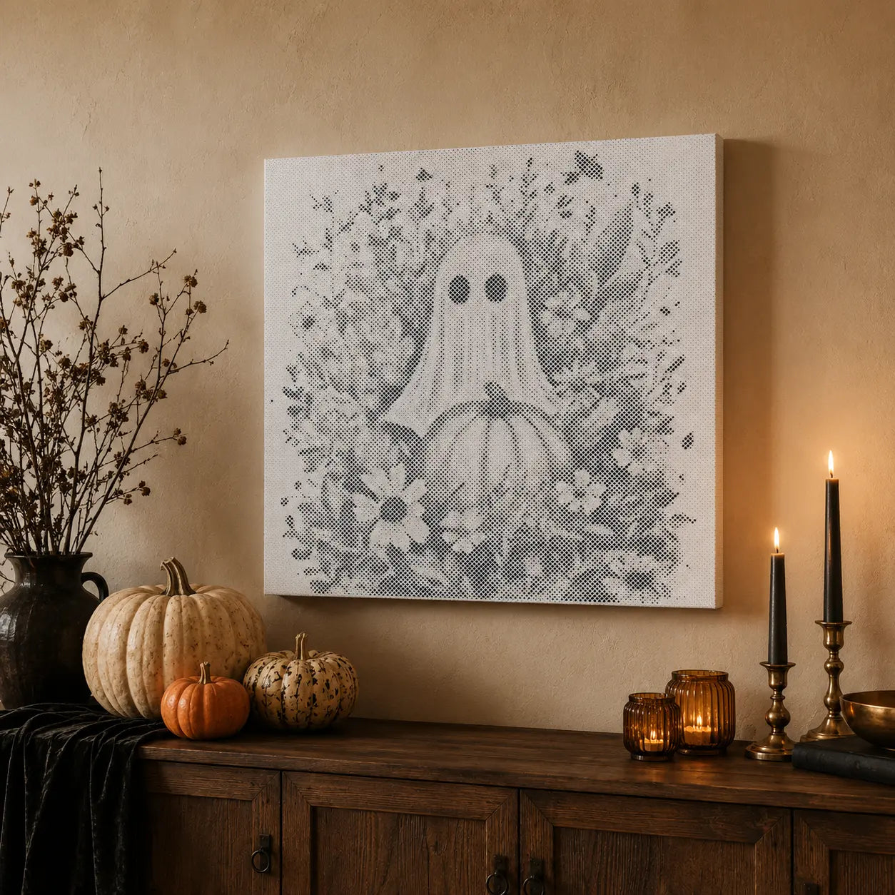 Spook met Pompoen en Bloemen Halloween | Stiptekening Kit