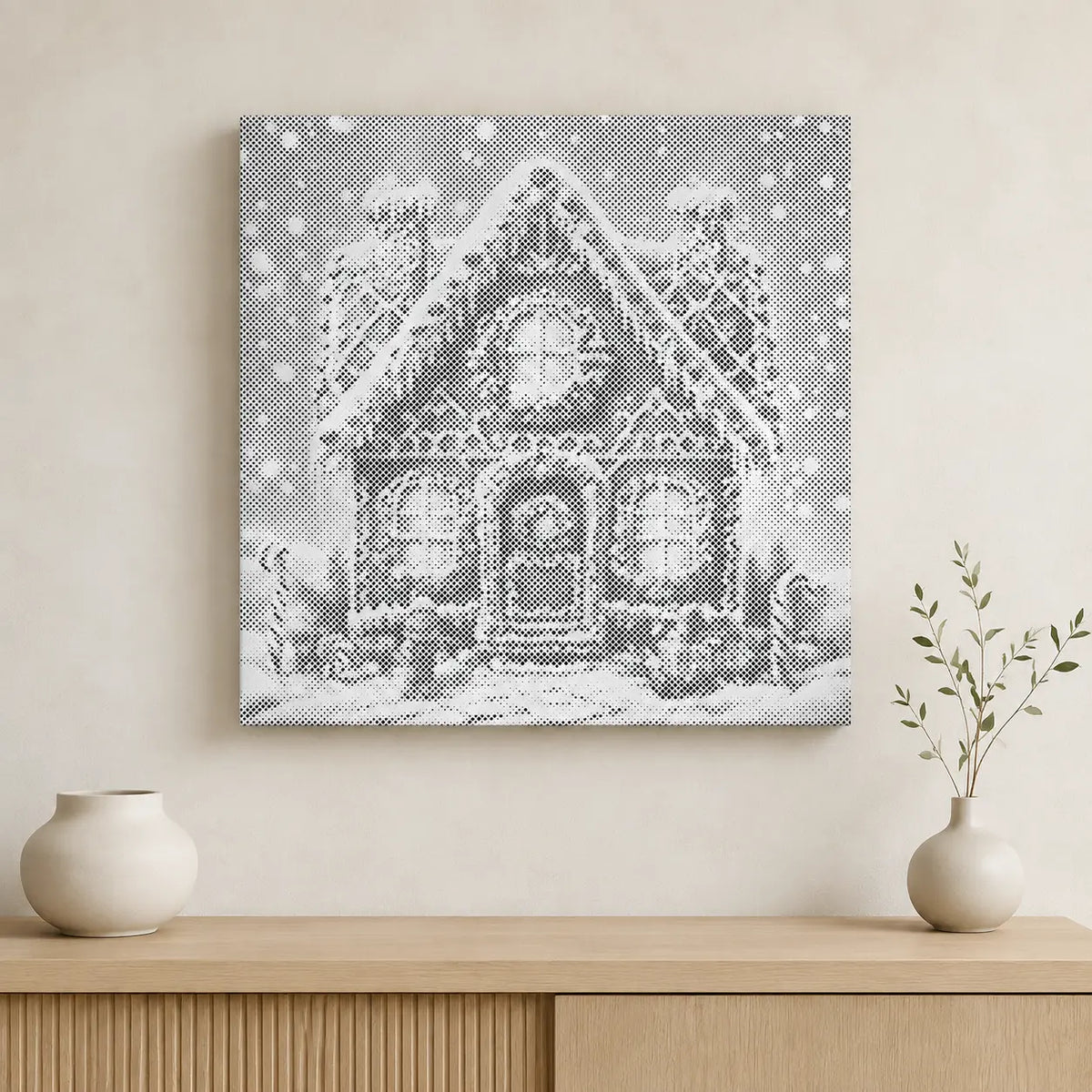 Peperkoekhuis in de sneeuw | Dot Painting Kit als afgewerkt stippelschilderij kunstwerk