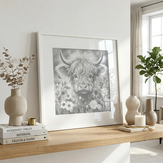 Framed artwork of a highland cow with flowers on a wooden shelf in a bright room.