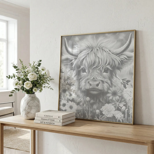 Framed artwork of a highland cow on a wooden table with books and flowers in a bright room.