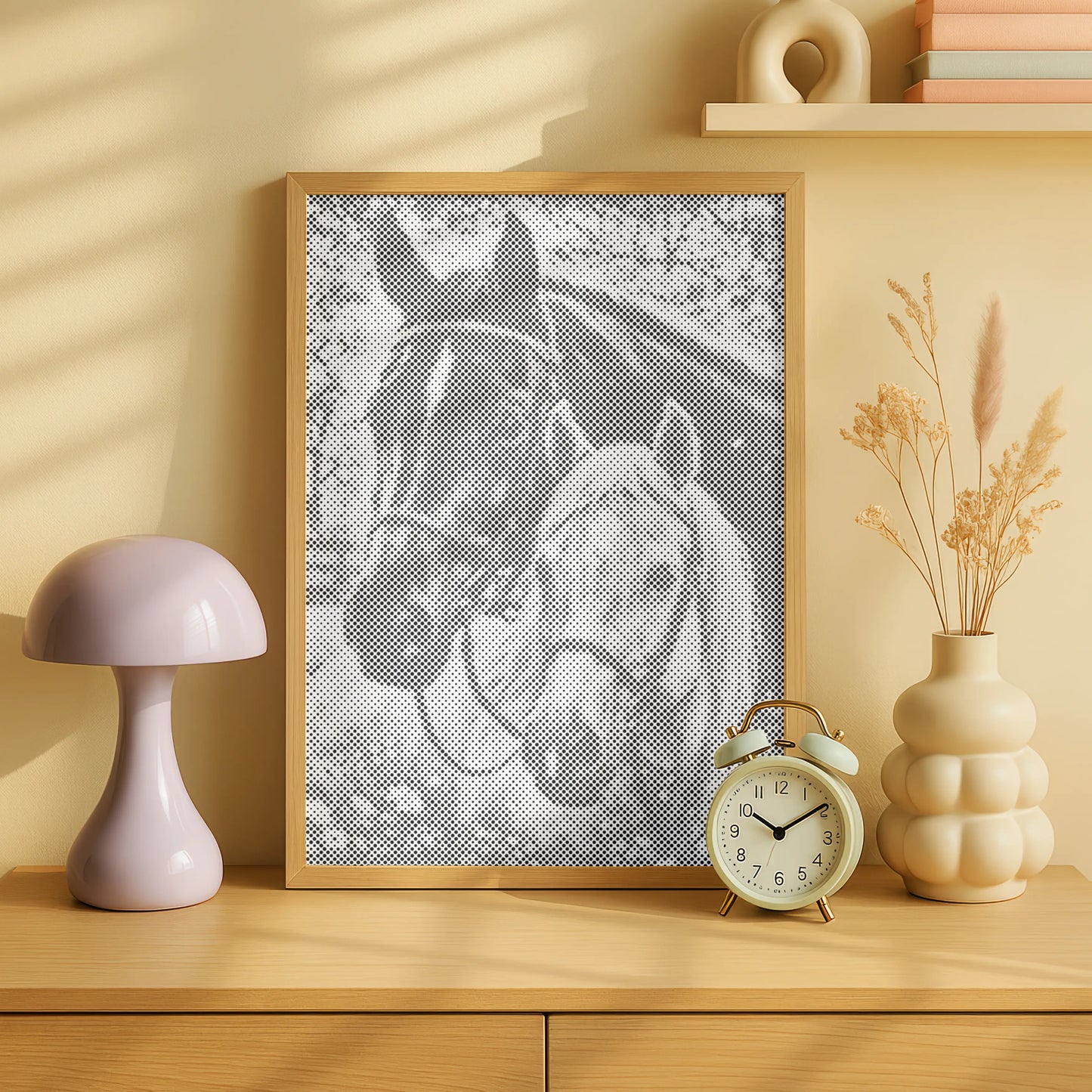 Framed artwork of two horses on a wooden shelf with decorative items. Horse Portrait – Paired Companions | Dot Painting Kit