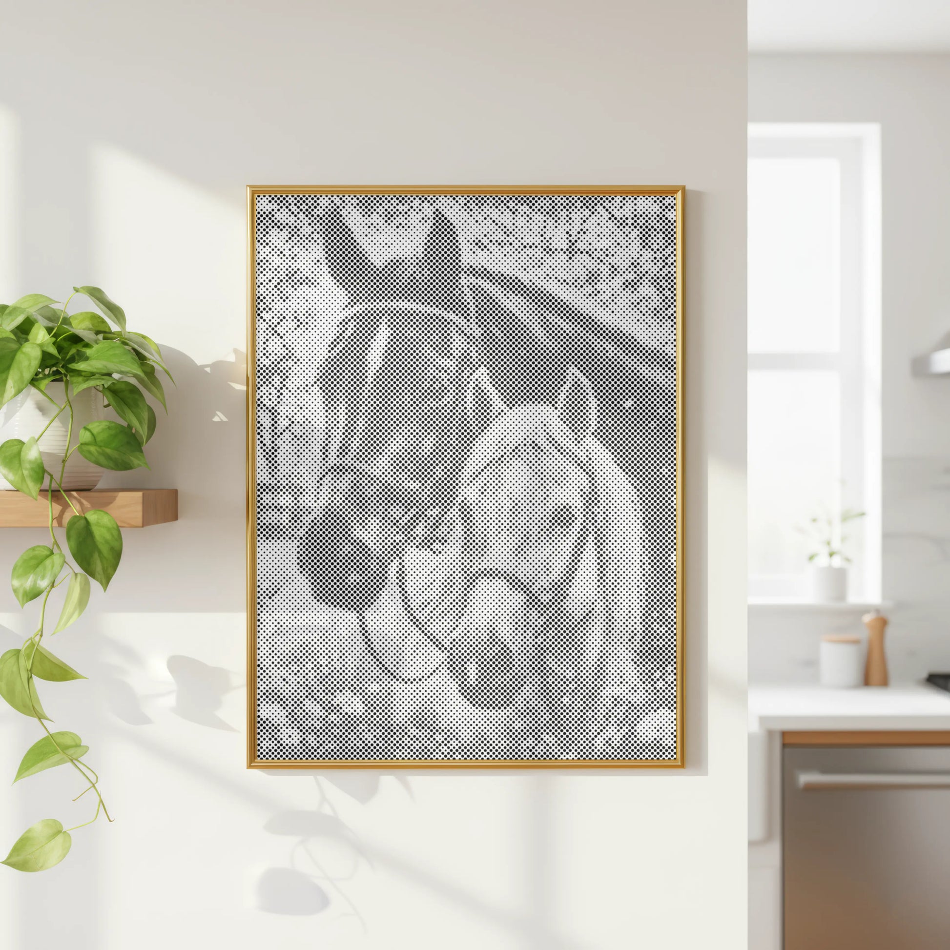 Framed artwork of two horses in a modern kitchen setting Horse Portrait – Paired Companions | Dot Painting Kit
