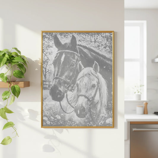 Framed artwork of two horses in a modern kitchen setting Horse Portrait – Paired Companions | Dot Painting Kit