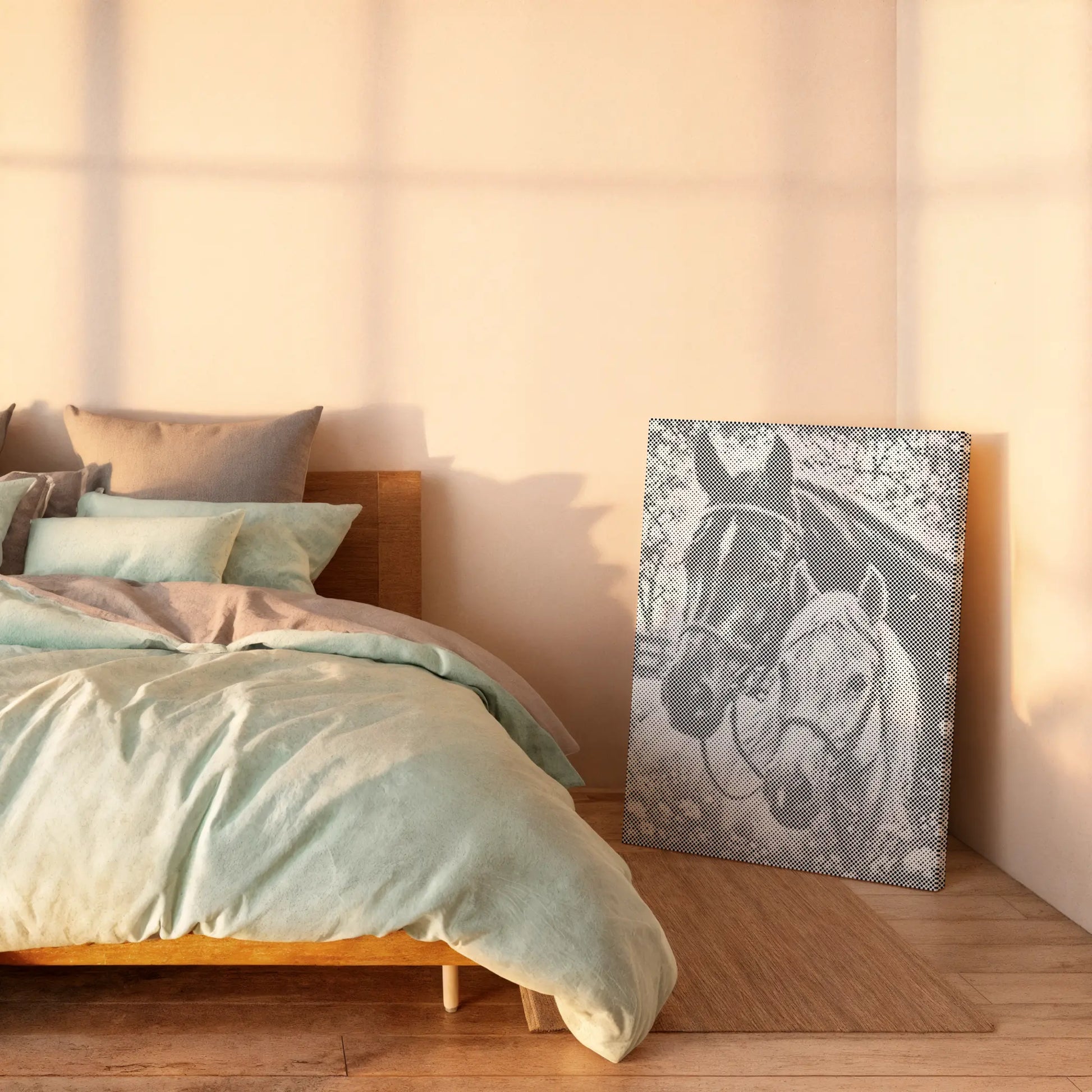 Bedroom with a bed and a decorative horse painting on the wall. Horse Portrait – Paired Companions | Dot Painting Kit