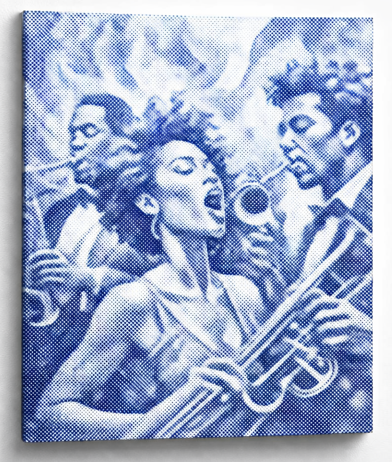 Dot Painting Wandbild eines Jazz Sängers in blauer Punkttechnik, modernes Jazz Wandbild mit Musiker Ensemble