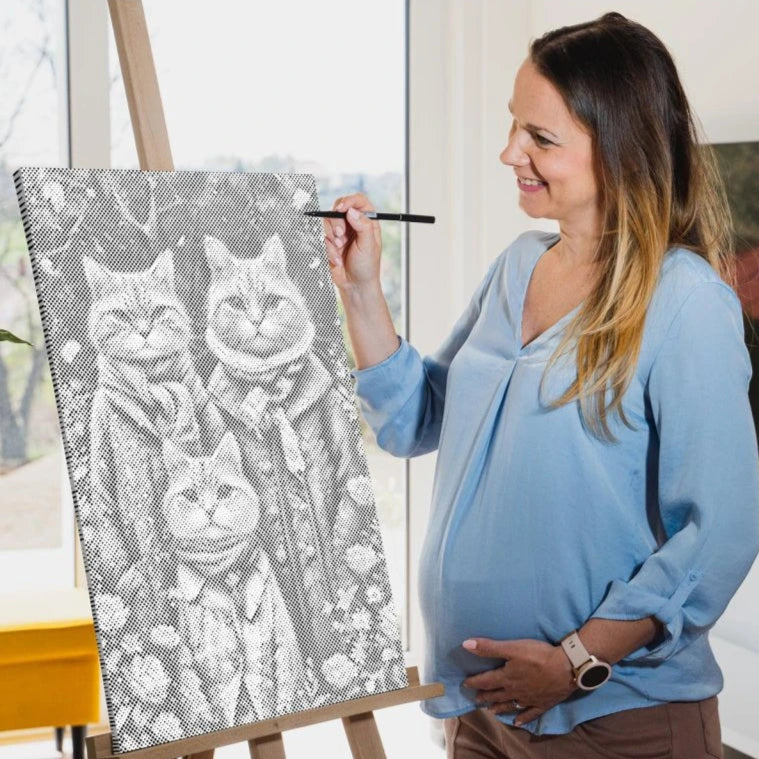 Kattenfamilie | Stippenschilderijpakket als afgewerkt stippelschilderij kunstwerk