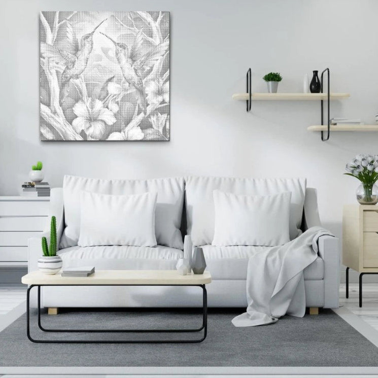 Kolibries tussen bloemen | Stip schilderen pakket als afgewerkt stippelschilderij kunstwerk